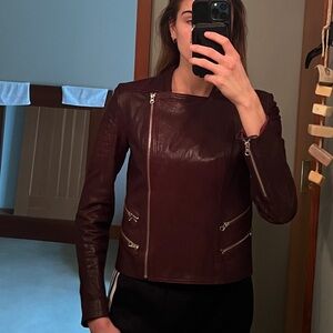 Dark red burgundy lamb leather jacket.